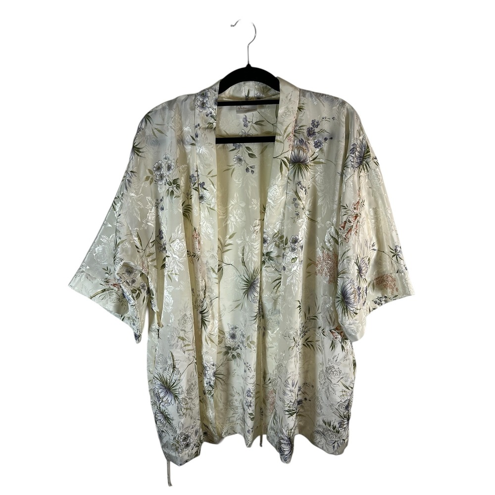Intimo Amore Kimono Robe Women Cream Floral Jacquard Satin Open Front Loungewear